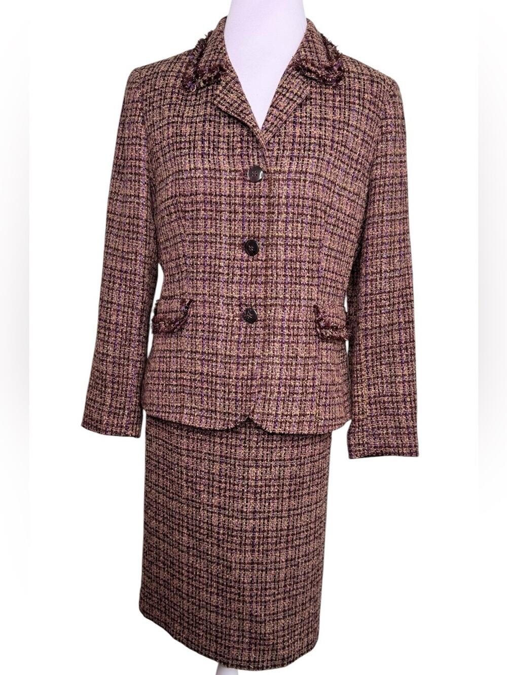 Collections by Le Suit Tweed Skirt Suit Set 14 EUC Fringe Blazer Pencil Skirt